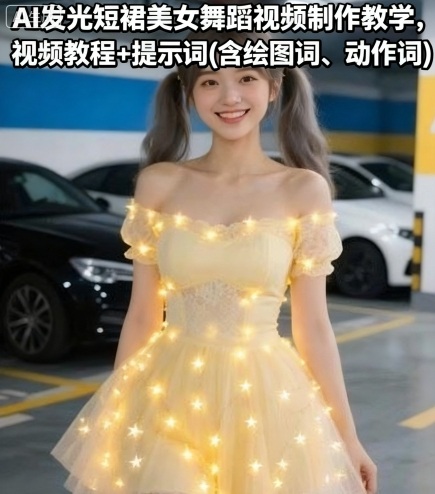 AI发光短裙美女舞蹈视频制作教学，视频教程+提示词(含绘图词、动作词)-领学通