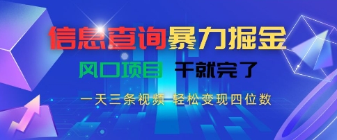 信息查询暴力掘金，一天三条视频，轻松变现四位数，风口项目干就完了【揭秘】-领学通