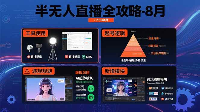 （15669期）半无人直播全攻略-8月：工具使用+起号逻辑+违规规避,新增AI超体与跨境模块-领学通