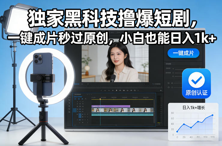 独家黑科技撸爆短剧,一键成片秒过原创,小白也能日入1k+【揭秘】-领学通