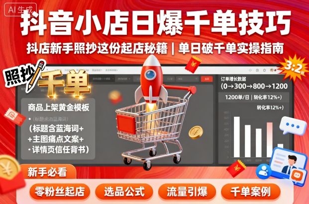 抖音小店日爆千单技巧，抖店新手照抄这份起店秘籍，单日破千单-领学通