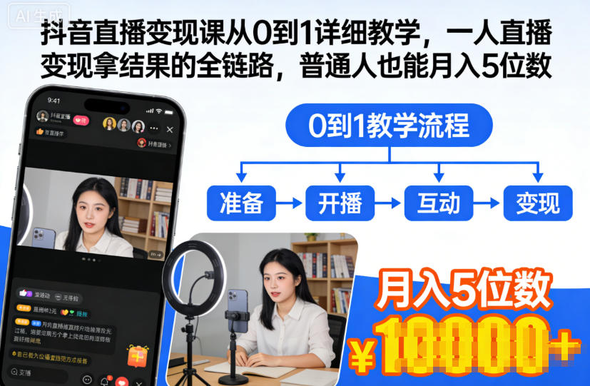 抖音直播变现课从0到1详细教学,一人直播变现拿结果的全链路,普通人也能月入5位数-领学通