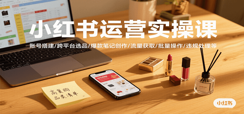 小红书运营实操课，账号搭建/跨平台选品/爆款笔记创作/流量获取/批量操作/违规处理等-领学通