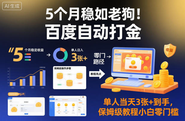 5个月稳如老狗!百度自动打金,单人当天3张+到手,保姆级教程小白零门槛【揭秘】-领学通