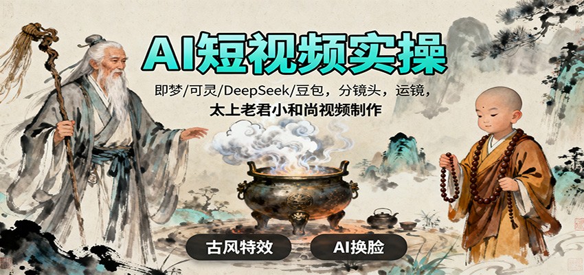 AI短视频实操,即梦/可灵/DeepSeek/豆包,分镜头,运镜,太上老君小和尚视频制作-领学通