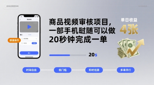 商品视频审核项目，一部手机随时随地都可以做，20秒钟完成一单，单日收益 4张【揭秘】-领学通