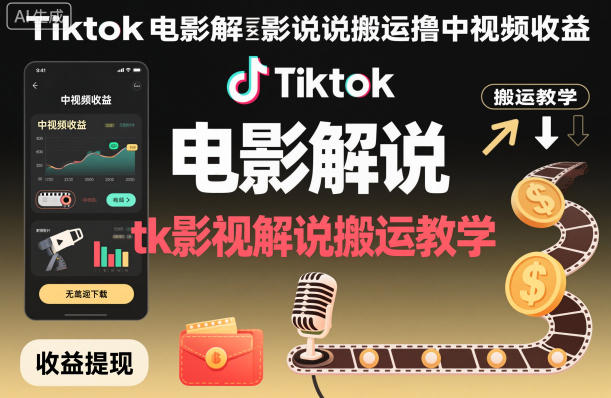 Tiktok电影解说搬运撸中视频收益,tk影视解说搬运教学-领学通