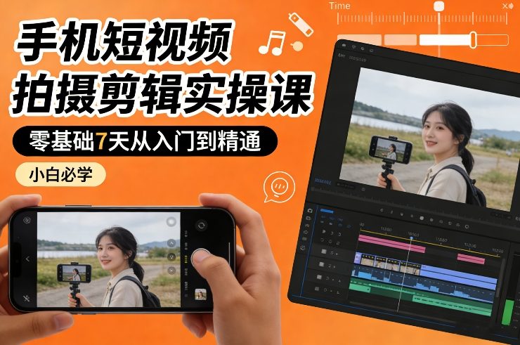 手机短视频拍摄剪辑实操课，零基础7天从入门到精通，小白必学-领学通