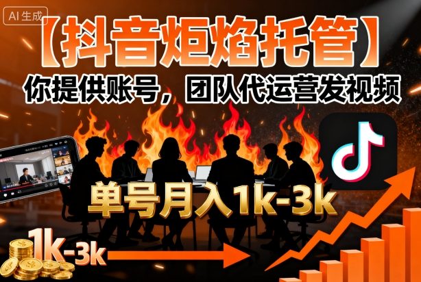 【抖音炬焰托管】你提供账号，团队代运营发视频，单号月入1k+【揭秘】-领学通