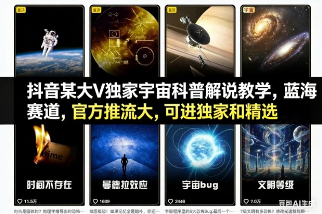 抖音某大V独家宇宙科普解说教学,蓝海赛道,官方推流大,可进独家和精选-领学通
