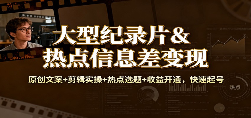大型纪录片&热点信息差变现:原创文案+剪辑实操+热点选题+收益开通,快速起号-领学通
