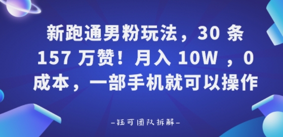 新跑通男粉玩法，30条157W赞，0成本，一部手机就可以操作-领学通