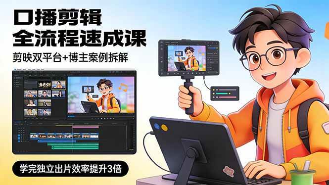 （17420期）口播剪辑全流程速成课，剪映双平台+博主案例拆解，学完独立出片效率提升3倍-领学通