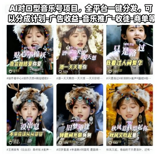 AI对口型音乐号项目,全平台一键分发,可以分成计划-广告收益-音乐推广-收徒-商单等-领学通