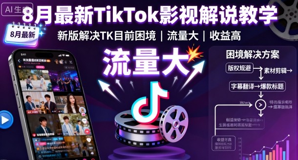 8月最新TikTok影视解说教学,新版解决TK目前困境,流量大,收益高-领学通