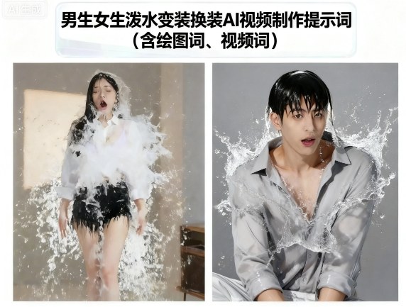 男生女生泼水变装换装AI视频制作提示词(含绘图词、视频词)-领学通