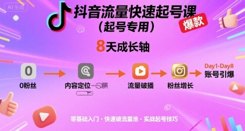 抖音流量快速起号课（起号专用），8天带你做爆自己的账号-领学通