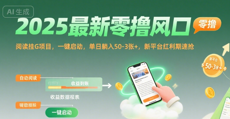 2025最新零撸风口，阅读挂G项目，一键启动，单日躺入 50-3张+，新平台红利期速抢【揭秘】-领学通