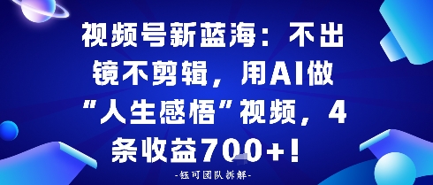 视频号新蓝海:不出镜不剪辑,用AI做“人生感悟”视频,4条收益7张-领学通