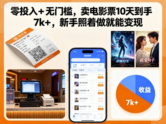 零投入+无门槛，卖电影票10天到手7k+，新手照着做就能变现【揭秘】-领学通
