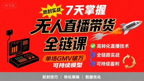 无人直播带货全链防封实战课，7天掌握高转化直播技术，实现单场GMV破万可持续模型-领学通