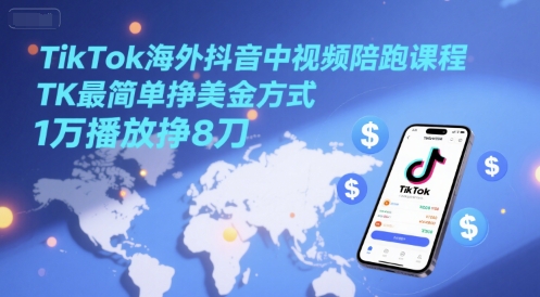 TikTok海外抖音中视频陪跑课程，TK最简单挣美金方式，1万播放挣8刀-领学通