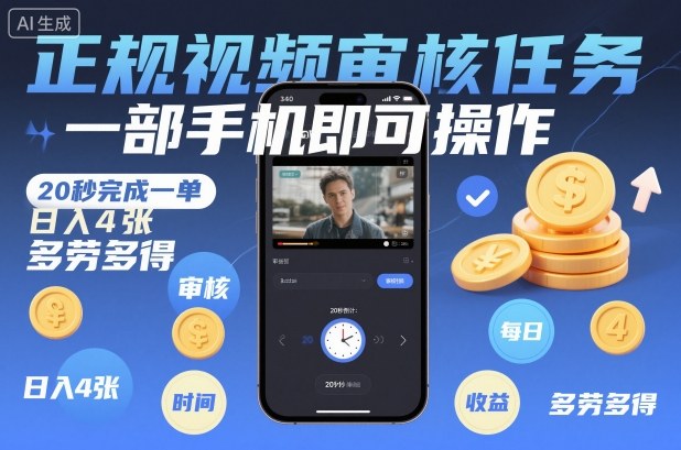 正规视频审核任务,一部手机即可操作,20秒完成一单,日入4张,多劳多得【揭秘】-领学通