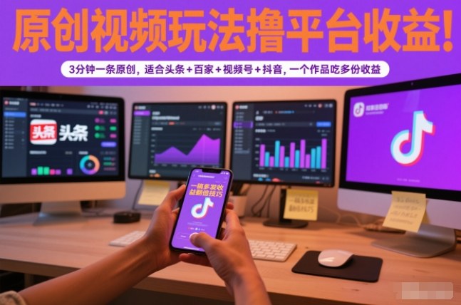 原创视频玩法撸平台收益,3分钟一条原创,适合头条+百家+视频号+抖音,一个作品吃多份收益-领学通