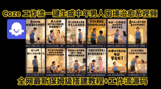 coze工作流一键生成”中年男人困境扎心高涨粉高播放量图文视频”保姆级拆解教程，无需剪辑，无需拍摄写文案-领学通