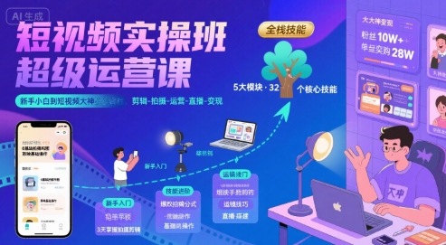 短视频实操班超级运营课，新手小白到短视频大神必修课程，剪辑-拍摄-运营-直播-变现-领学通