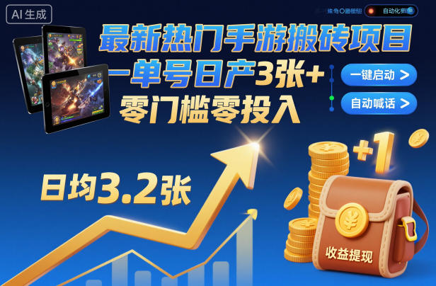 最新热门手游搬砖项目,一键自动化挂G,单号日产3张+,零门槛零投入【揭秘】-领学通