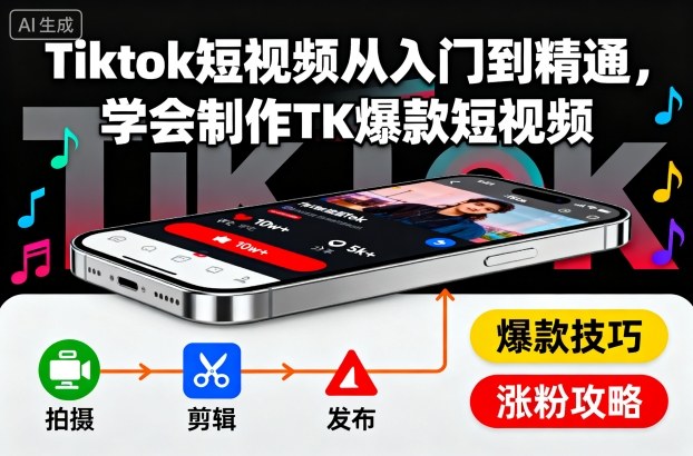 Tiktok短视频从入门到精通，学会制作TK爆款短视频-领学通