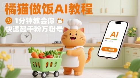 有趣的橘猫买菜做饭视频，用AI一键搞定，1分钟教会你，快速起千粉万粉号-领学通