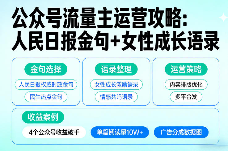 利用人民日报金句+女性成长语录做公众号流量主,4个公众号收益破千-领学通