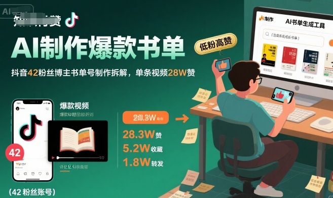 AI制作爆款书单，抖音42粉丝博主书单号制作拆解，单条视频28W赞-领学通