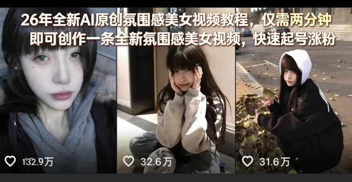 26年全新AI原创氛围感美女视频教程,仅需两分钟即可创作一条全新氛围感美女视频,快速起号涨粉-领学通