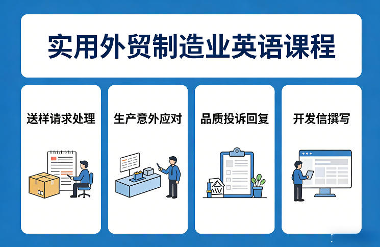 实用外贸制造业英语课程，教你专业处理送样请求、应对生产意外、回复品质投诉、撰写开发信等-领学通