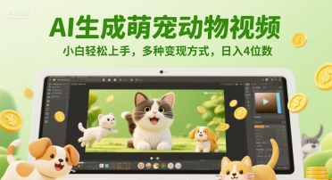 AI生成萌宠动物视频，小白轻松上手，多种变现方式，日入4位数-领学通