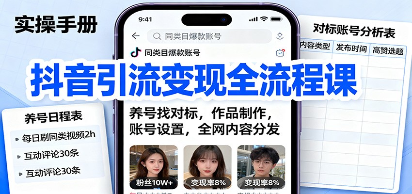 抖音引流变现全流程课:养号找对标,作品制作,账号设置,全网内容分发-领学通