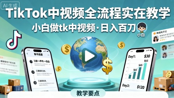 TikTok中视频全流程实操教学,小白做tk中视频,日入百刀-领学通