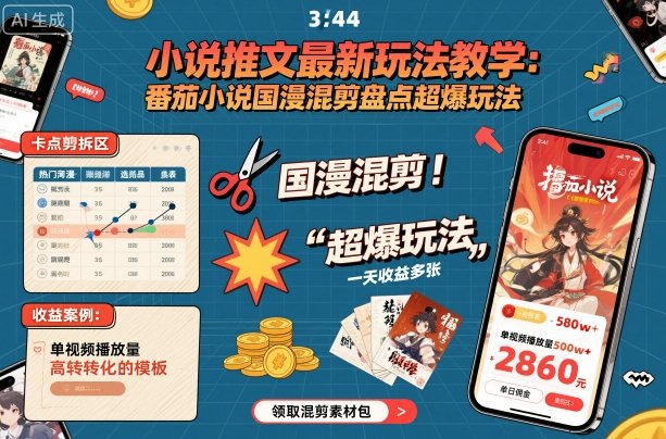 小说推文最新玩法教学，番茄小说国漫混剪盘点超爆玩法，全程干货，一天收益多张-领学通