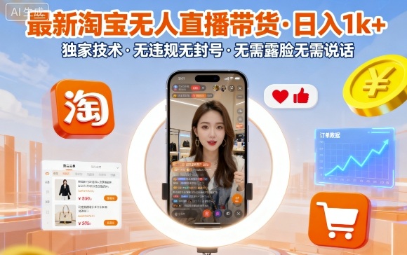 最新淘宝无人直播带货，日入1k+，独家技术，无违规无封号，无需露脸无需说话【揭秘】-领学通
